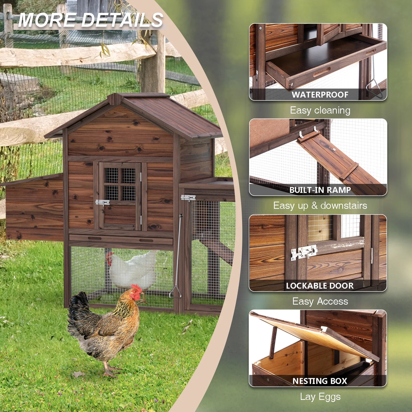 Chicken Coop for 5 Chickens Wooden Indoor Outdoor Hen Fence with Nesting Box & Removable Tray