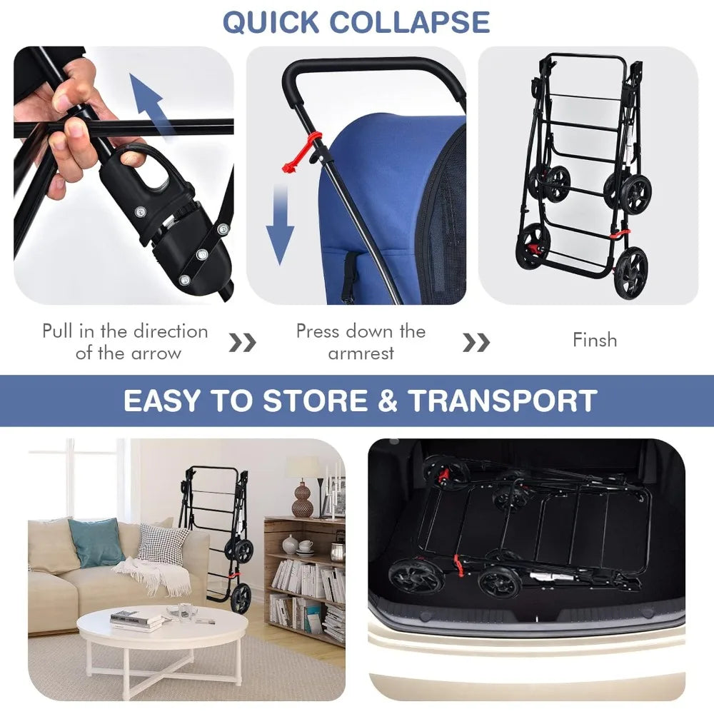 Double Pet Stroller with 2 Removable Carrying Bags, Safety Strap, 4 Lockable Wheels, Foldable