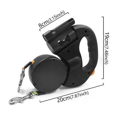 3in1 Double Head Automatic retractable leash Flashlight Poop Bag Dispenser Reflective