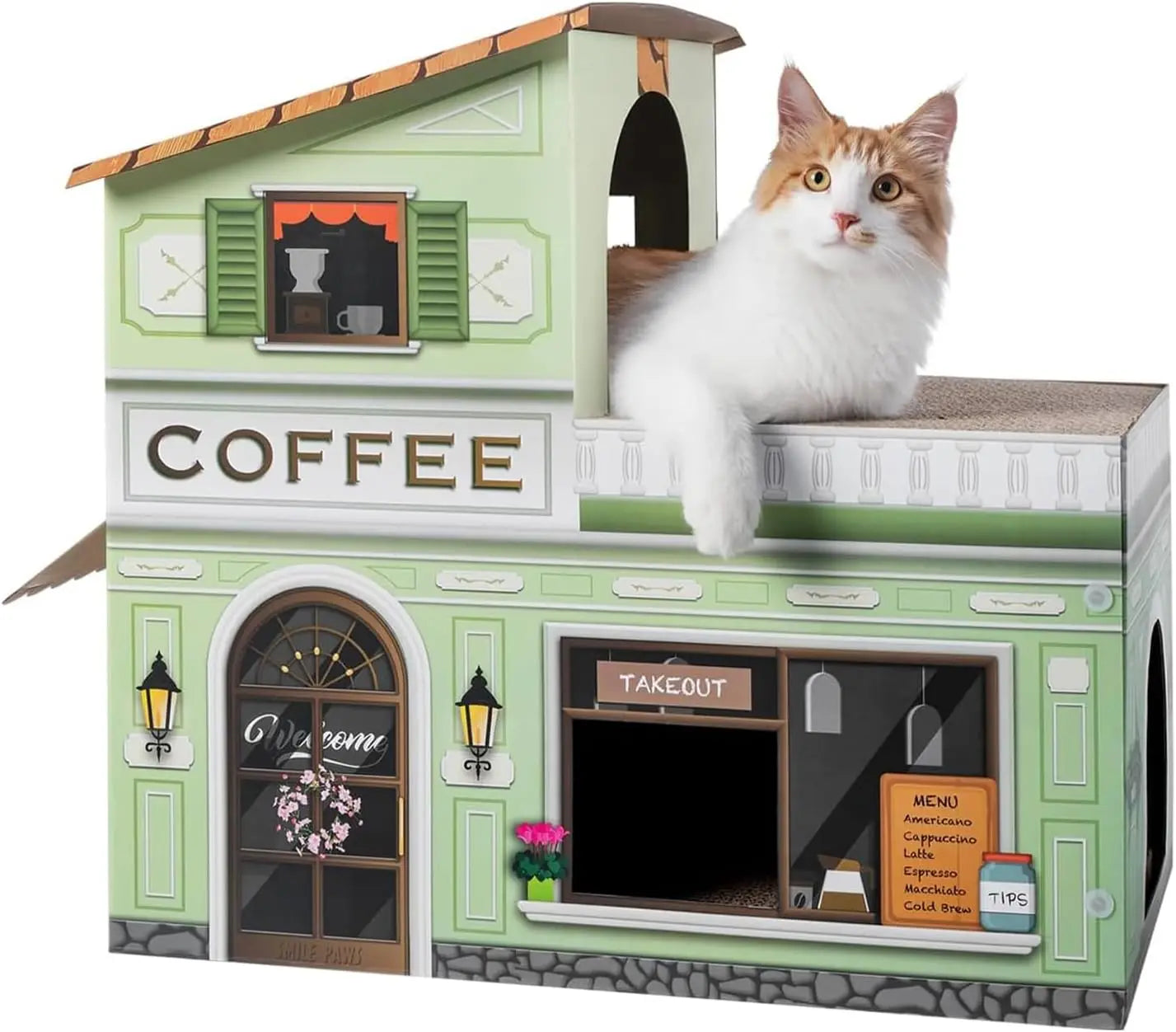 Indoor House with Scratchers, Coffee Shop, Large Sturdy Cat Furniture Condo Cave Tent