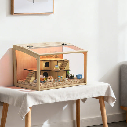 Hamster, Guinea Pig Cage with Open top Habitat Wooden Frame Tempered Glass Panels