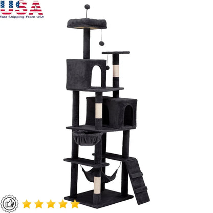 Multi-Level Cat Tree with Scratching Posts Caves Hammock Plush Fabric Interactive Play