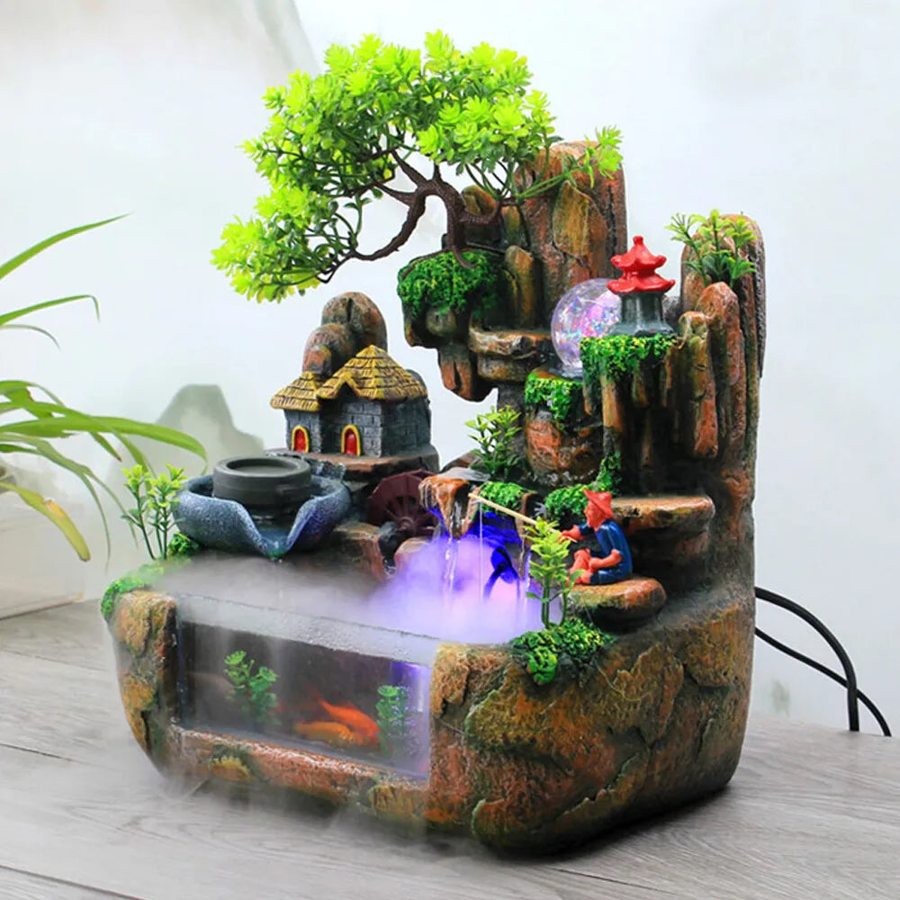 Indoor LED Water Fountain with Mist – Resin Rockery Waterfall for Home Decor