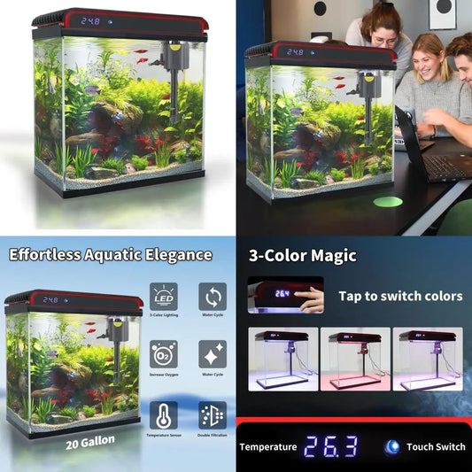 Starter Kit: Smart Self-Cleaning Fish Tank with 3-Color LED, Quiet Pump, and Filter