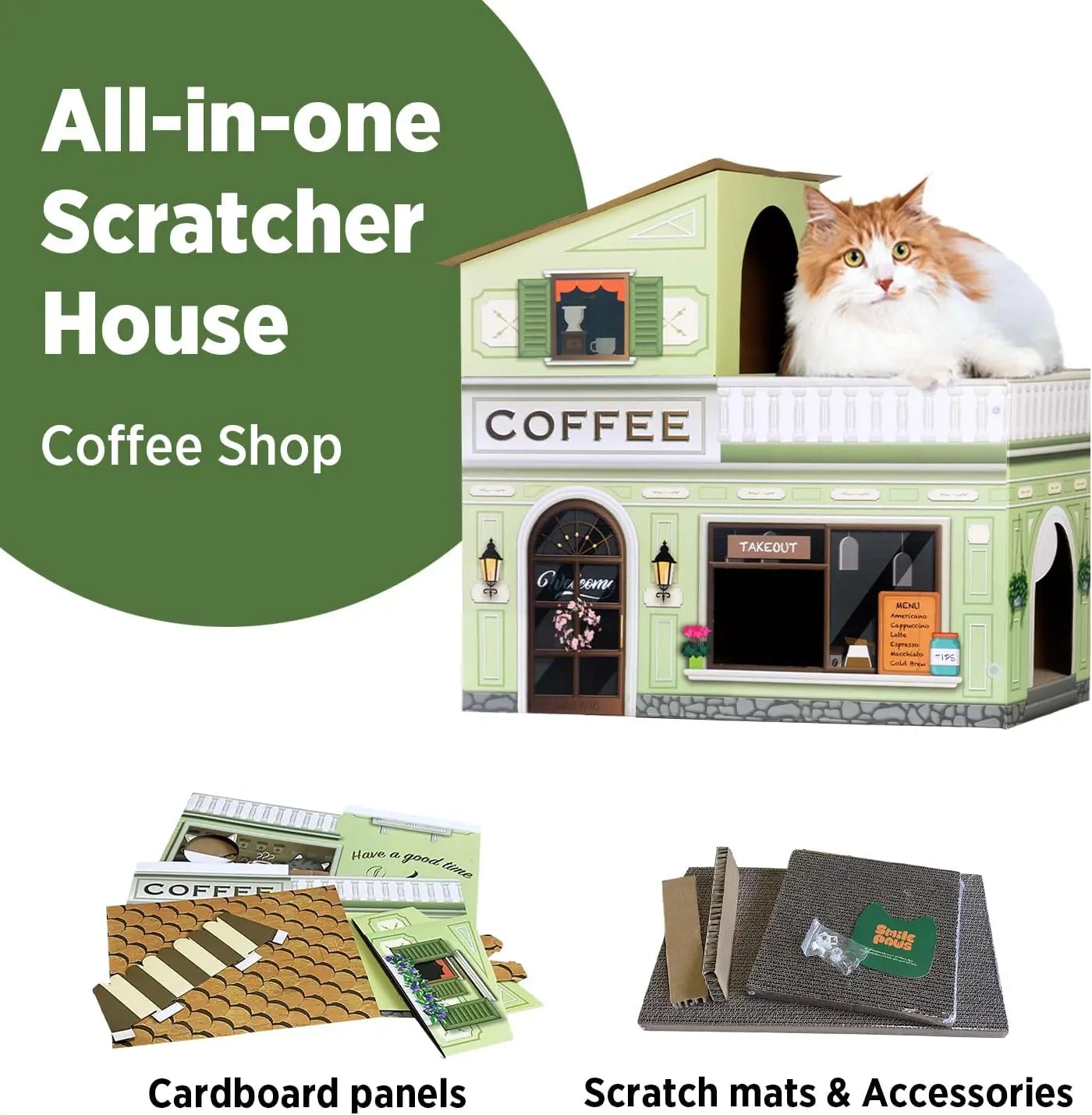 Indoor House with Scratchers, Coffee Shop, Large Sturdy Cat Furniture Condo Cave Tent