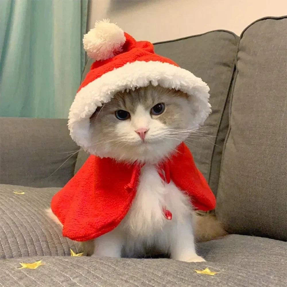 Funny Cat Costume Santa Pet Christmas Cape Dress Up Clothes Warm Red Scarf Cloak With Hat Pet Accessories