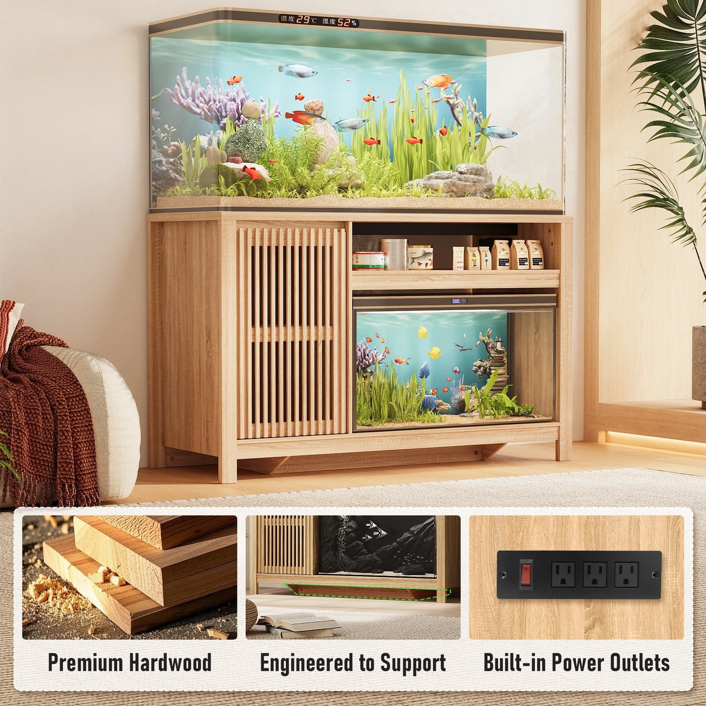 Aquarium Fish Tank Stand with Built-in Power Outlet & Storage Cabinet, Heavy Duty for Turtles