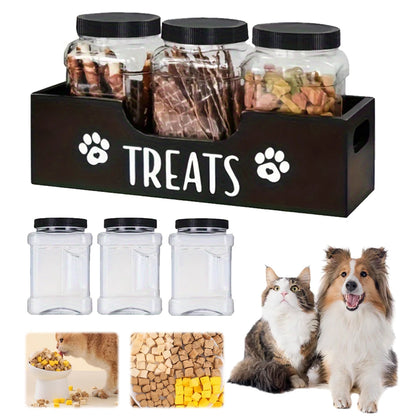 3Pcs Cat Dog Treat Jars With Wood Holder Pet Snack Storage Organizer