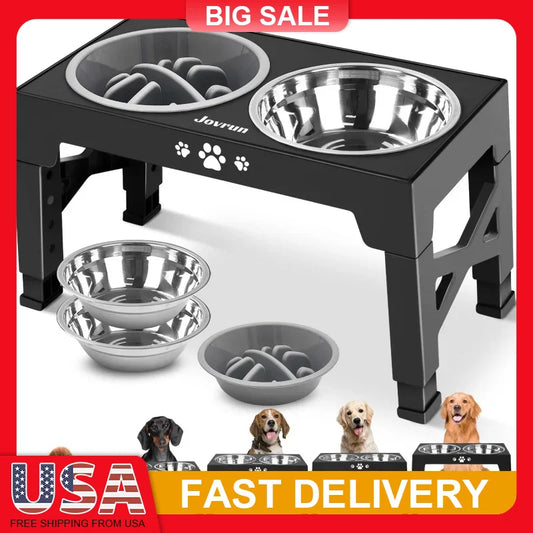 Adjustable Elevated Dog Bowls Stainless Steel Slow Feeder