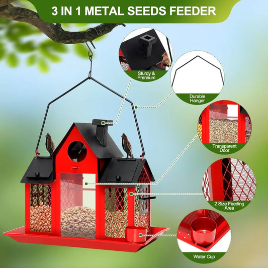 Large Solar Bird Feeders House for Outdoors Hanging ,Squirrel Proof w/Water Cup