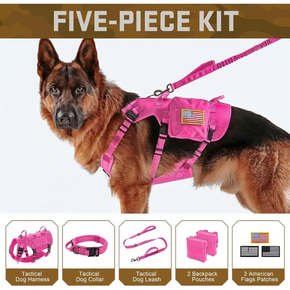 Pink Tactical Dog Harness with Bungee Leash Set
