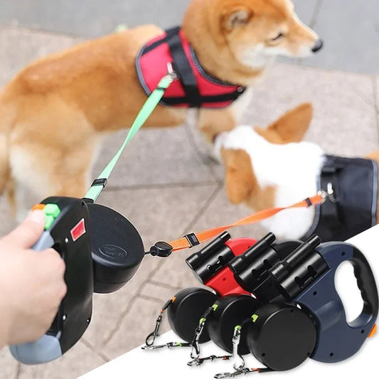 3in1 Double Head Automatic retractable leash Flashlight Poop Bag Dispenser Reflective