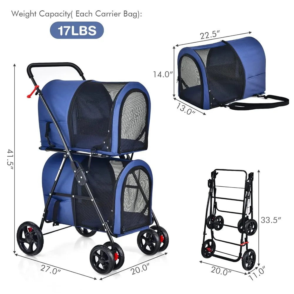 Double Pet Stroller with 2 Removable Carrying Bags, Safety Strap, 4 Lockable Wheels, Foldable