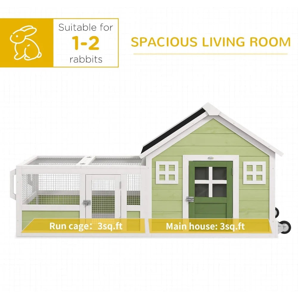 Rabbit Hutch, Outdoor or Guinea Pig Cage with Asphalt Roof, Handle, Wheels, 64 Inch Wooden Bunny Cage