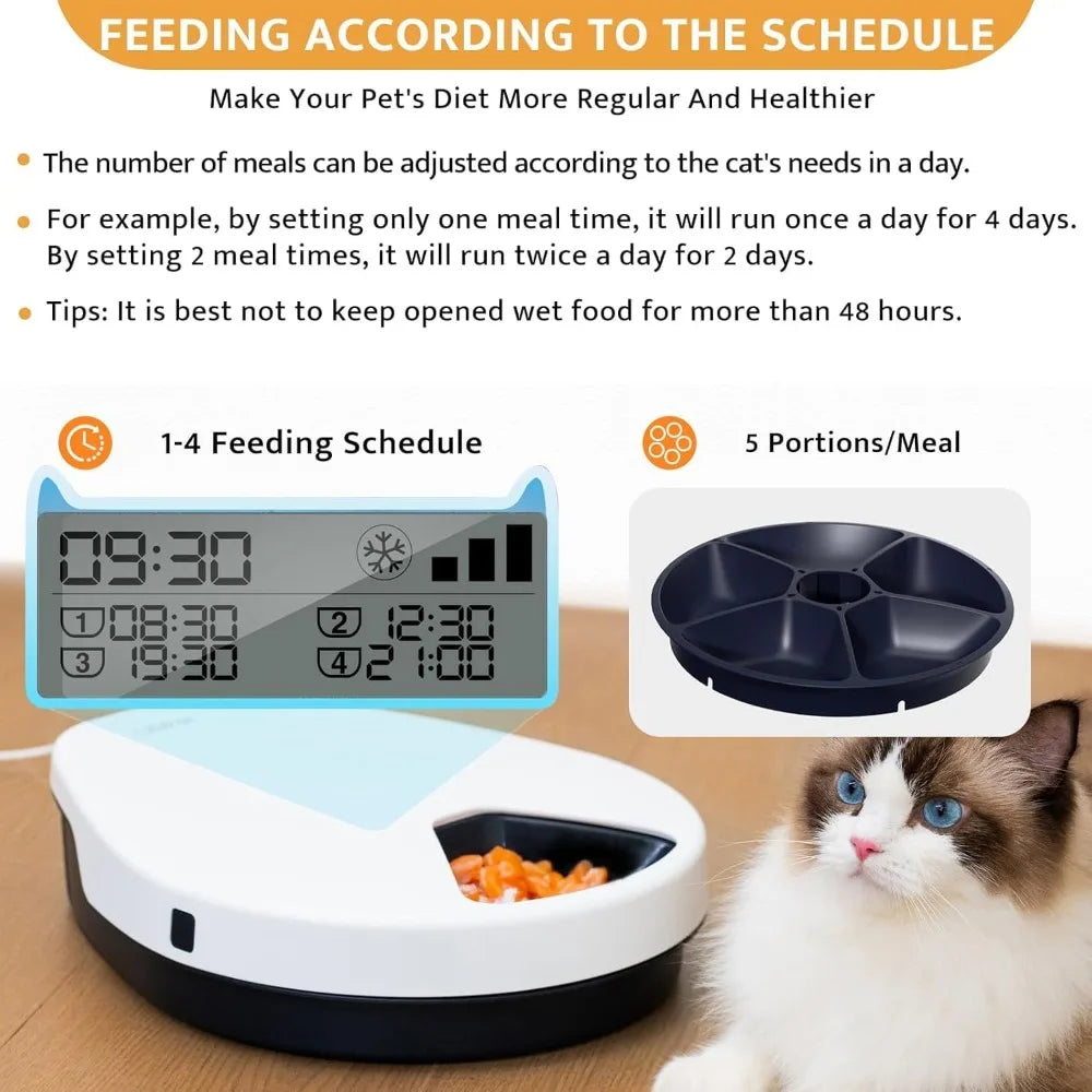 Cat Wet Food Automatic Feeder with Cooling, Semiconductor with Timer, 5 Food Compartments