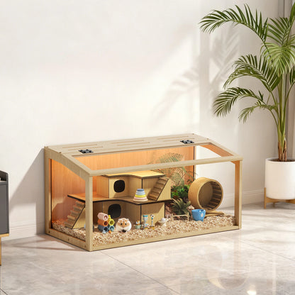 Hamster, Guinea Pig Cage with Open top Habitat Wooden Frame Tempered Glass Panels