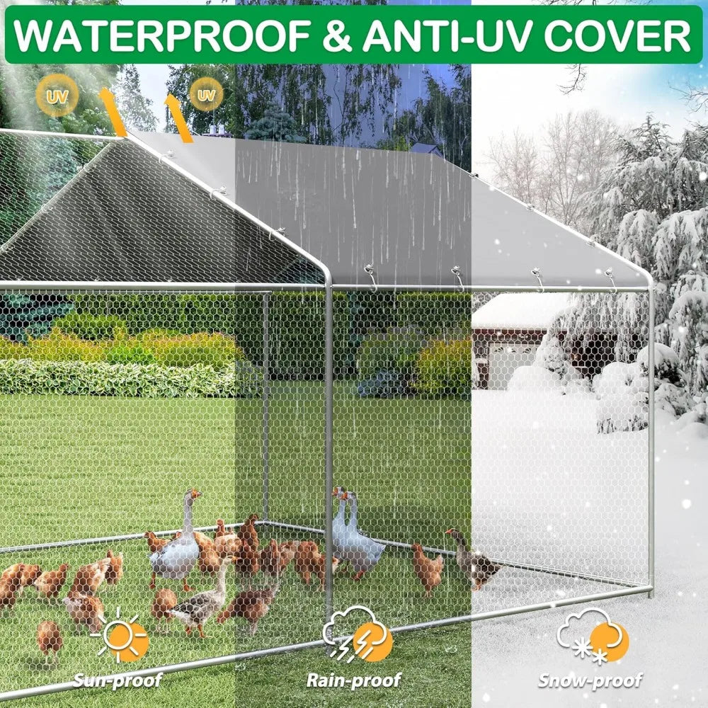 Large Metal Chicken Coop, Walk-in Chicken Run Pen with Waterproof Cover, for Outdoor