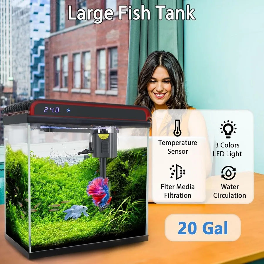 Large Smart Aquarium with Self Cleaning Pump 3 Color LED Lights Water Temperature Detection System