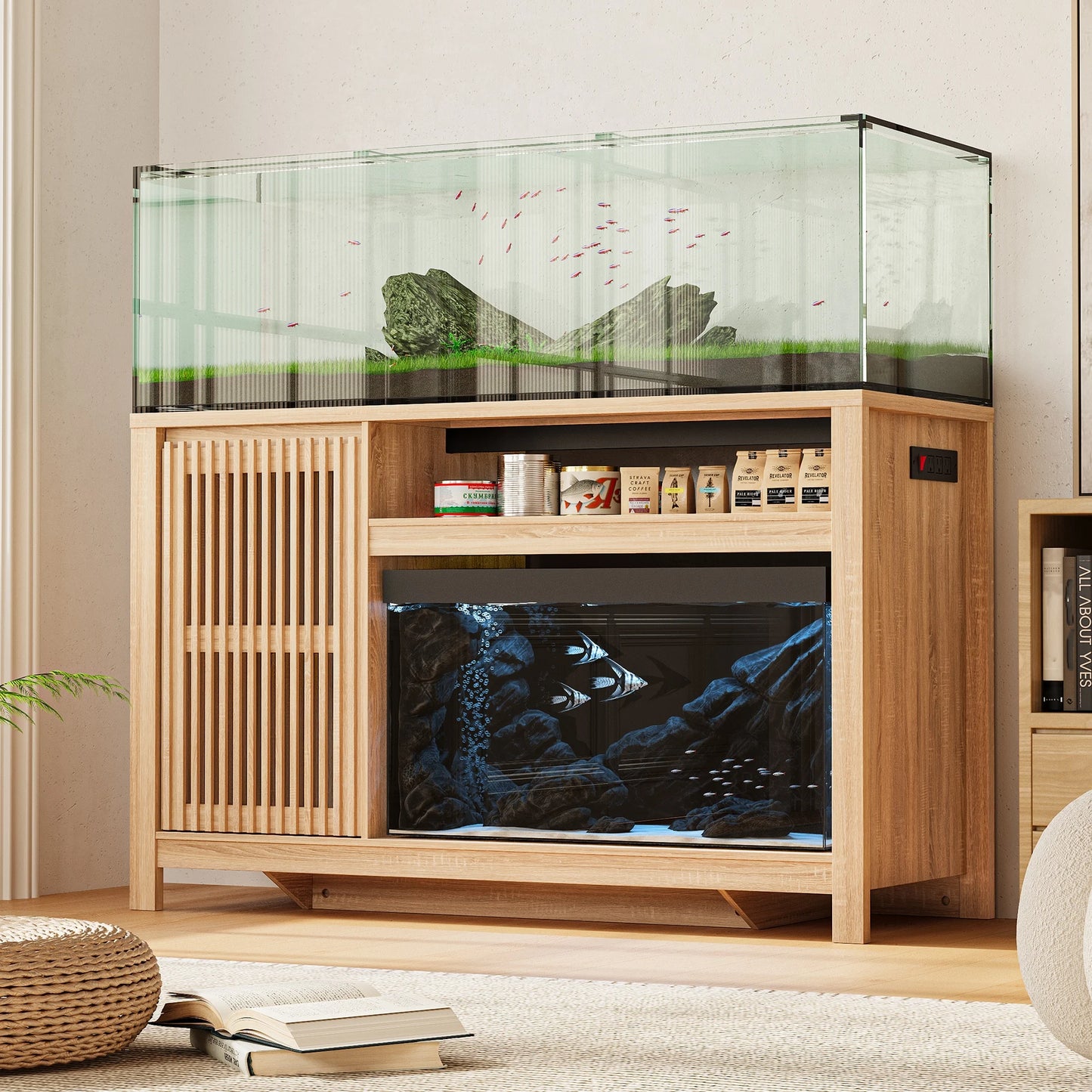 Aquarium Fish Tank Stand with Built-in Power Outlet & Storage Cabinet, Heavy Duty for Turtles