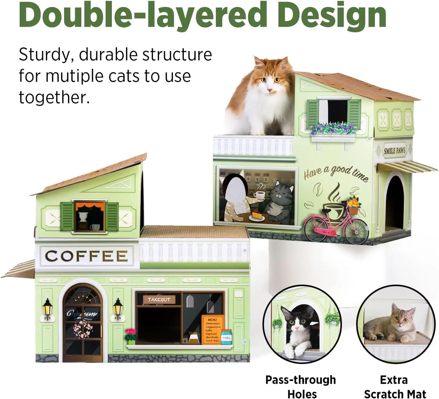 Indoor House with Scratchers, Coffee Shop, Large Sturdy Cat Furniture Condo Cave Tent