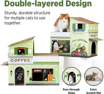 Indoor House with Scratchers, Coffee Shop, Large Sturdy Cat Furniture Condo Cave Tent