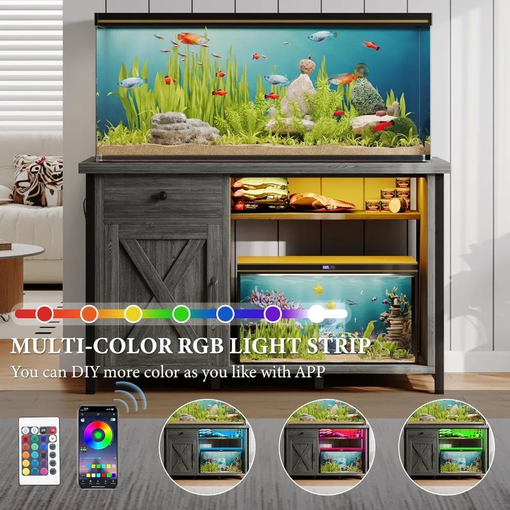 Aquarium Stand with LED Lighting Power Outlets Drawer Storage