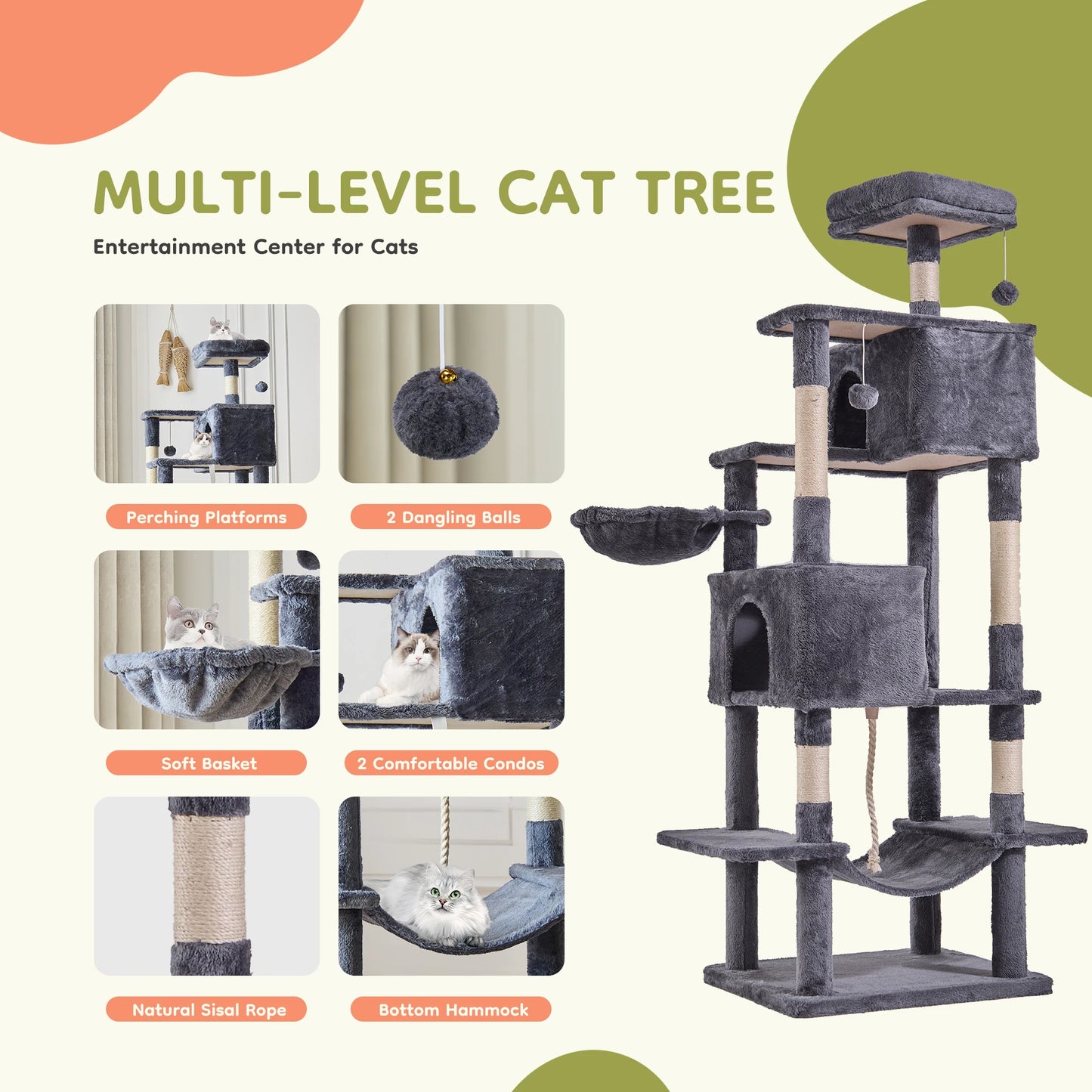 Large Multi Level Cat Climbing Tower with Condo Natural Sisal Scratching Posts Pet House for Indoor