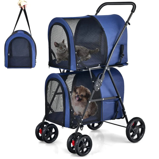 Double Pet Stroller with 2 Removable Carrying Bags, Safety Strap, 4 Lockable Wheels, Foldable