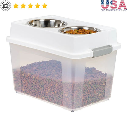 Airtight Pet Food Container Dog Cat Food Storage Bin Treat Box with Bowls