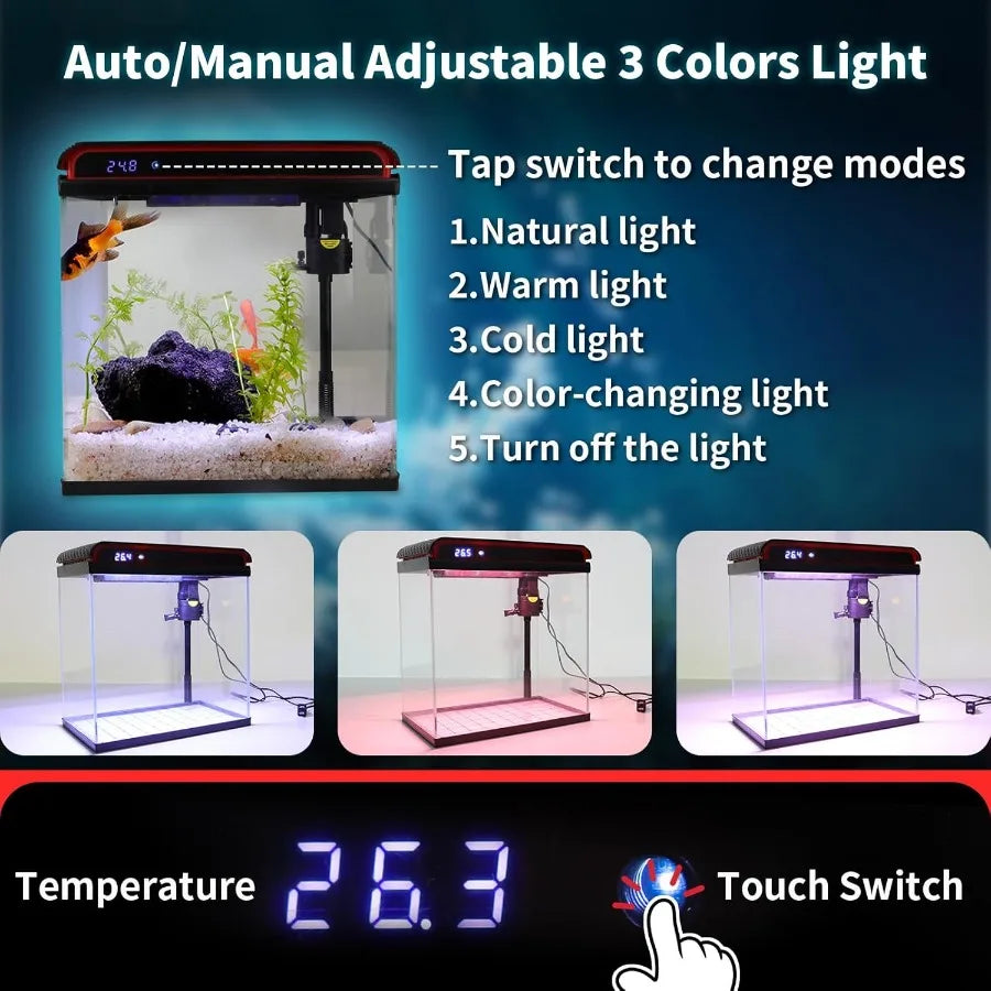 Large Smart Aquarium with Self Cleaning Pump 3 Color LED Lights Water Temperature Detection System