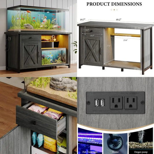 Aquarium Stand with LED Lighting Power Outlets Drawer Storage