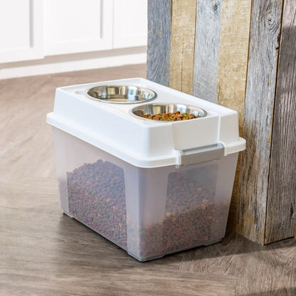 Airtight Pet Food Container Dog Cat Food Storage Bin Treat Box with Bowls