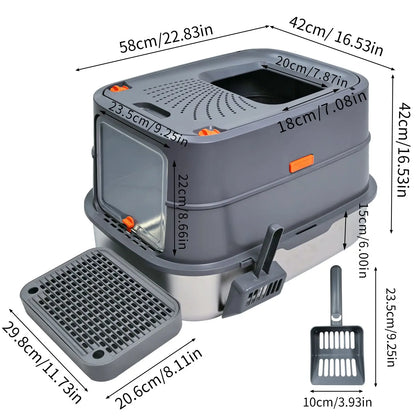 Enclosed Stainless Steel Cat Litter Box with Lid Extra Large for Big Cats High Wall Sides