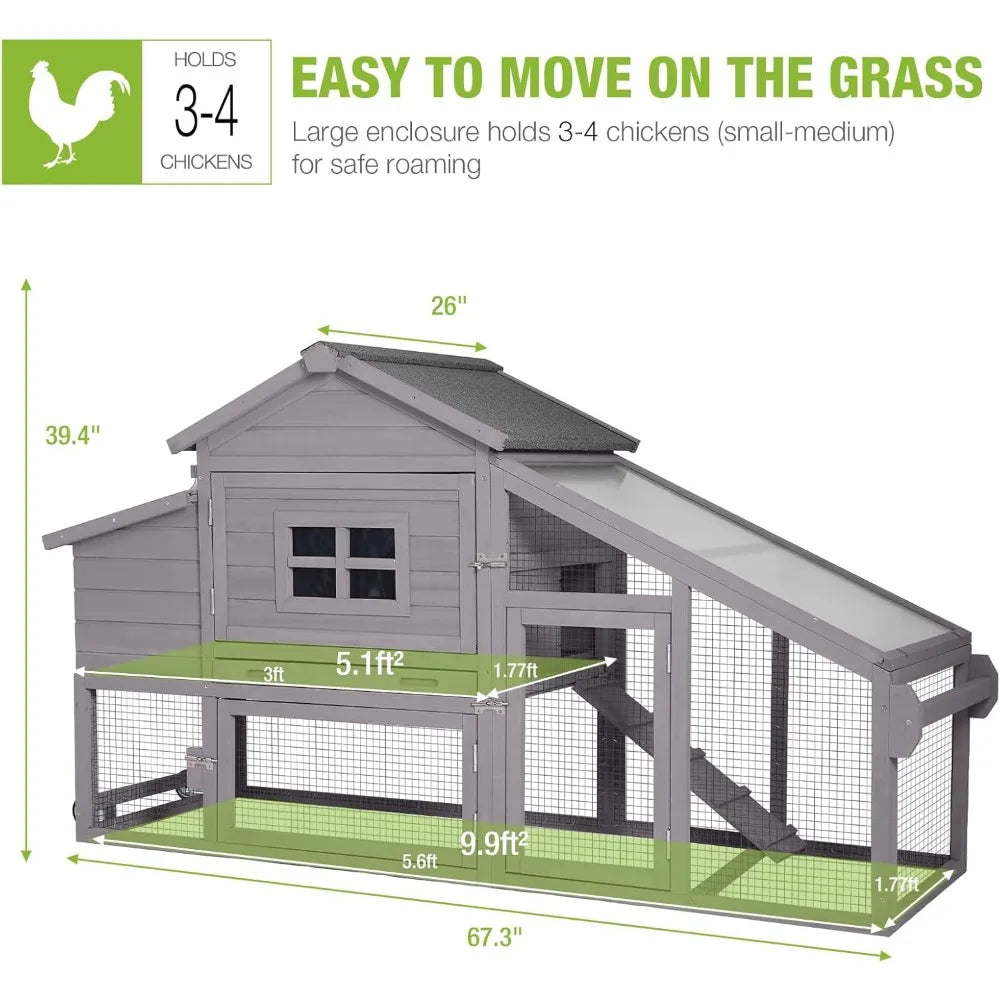 Chicken Coop Mobile Hen House Wooden with Run Poultry Cage with Nesting Box,Movable