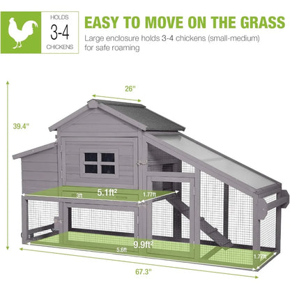 Chicken Coop Mobile Hen House Wooden with Run Poultry Cage with Nesting Box,Movable