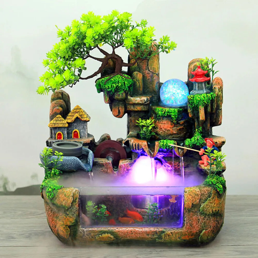 Indoor LED Water Fountain with Mist – Resin Rockery Waterfall for Home Decor