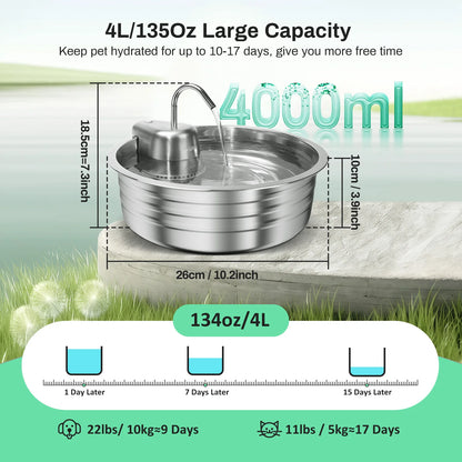 Stainless Steel, Pet Fountain With Ultra Quiet Pump, Filtration System, Water Level Window