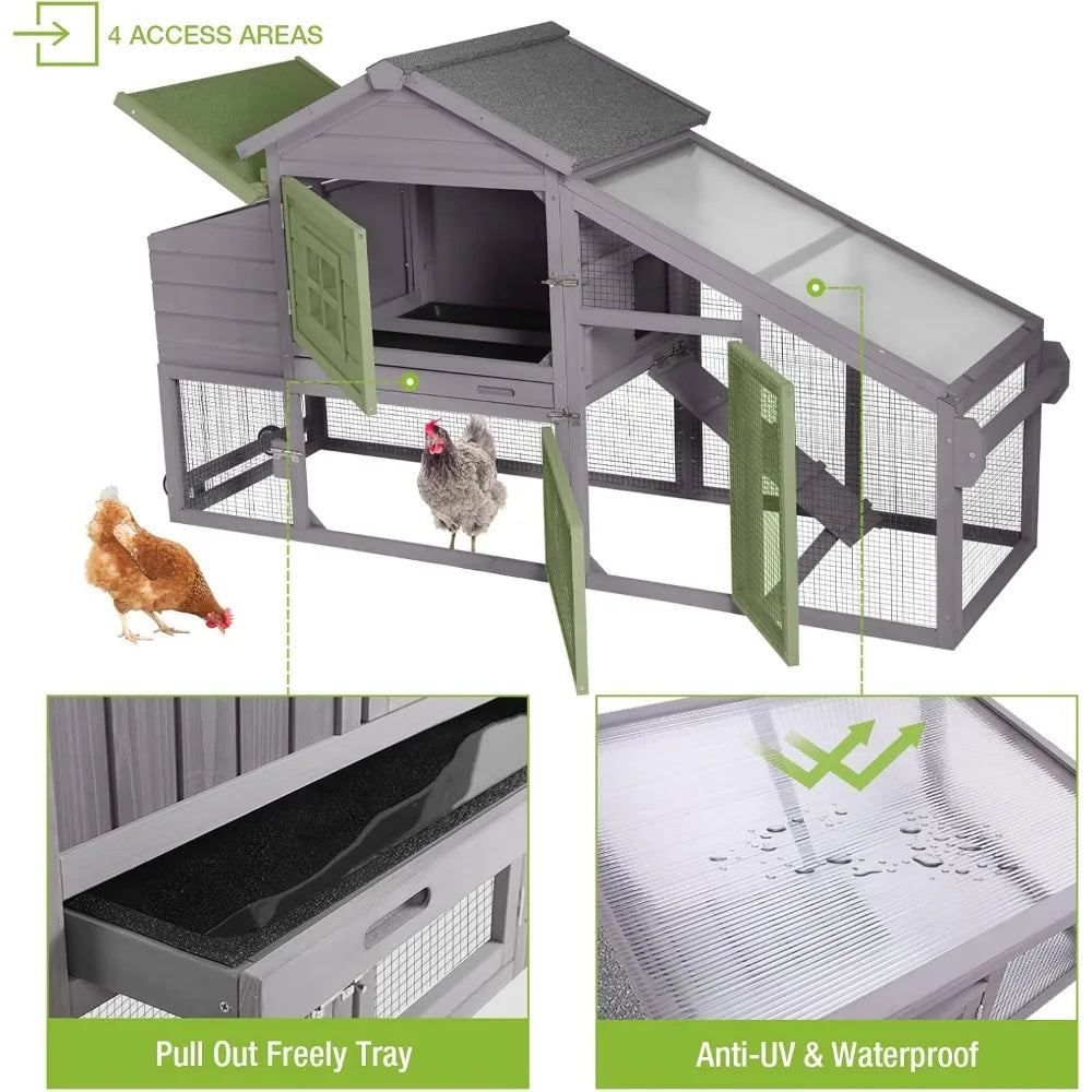 Chicken Coop Mobile Hen House Wooden with Run Poultry Cage with Nesting Box,Movable