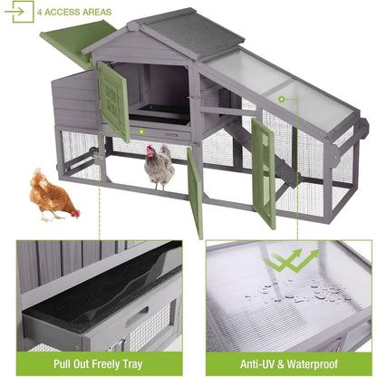 Chicken Coop Mobile Hen House Wooden with Run Poultry Cage with Nesting Box,Movable