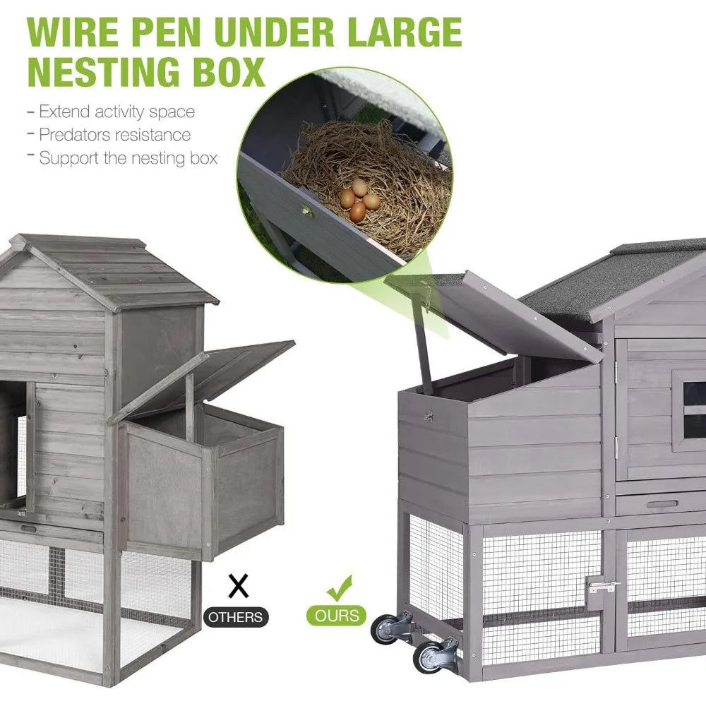 Chicken Coop Mobile Hen House Wooden with Run Poultry Cage with Nesting Box,Movable