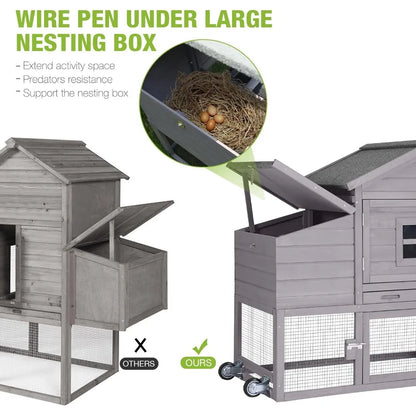 Chicken Coop Mobile Hen House Wooden with Run Poultry Cage with Nesting Box,Movable