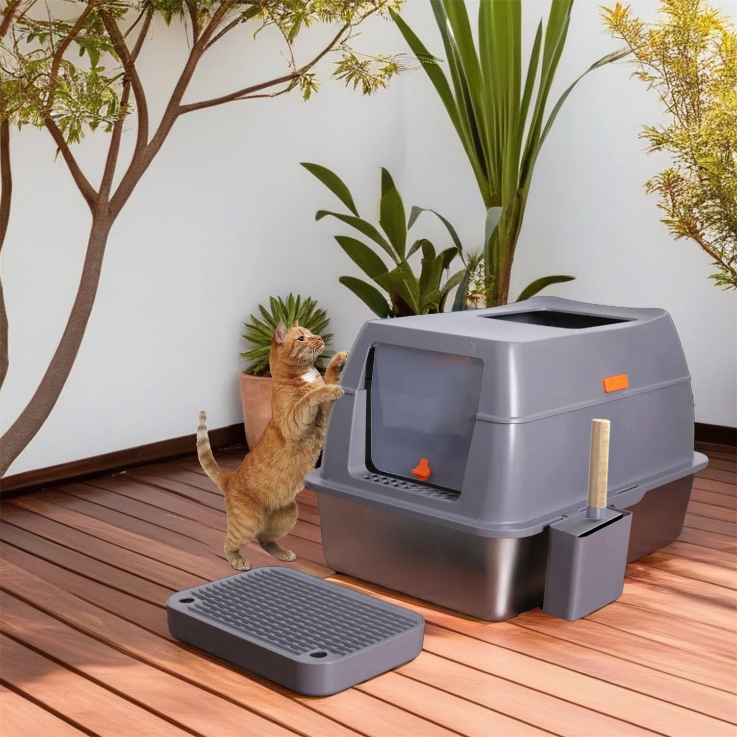Enclosed Stainless Steel Cat Litter Box with Lid Extra Large for Big Cats High Wall Sides