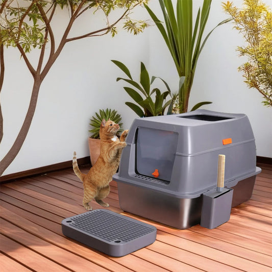 Enclosed Stainless Steel Cat Litter Box with Lid Extra Large for Big Cats High Wall Sides